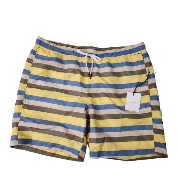 Onia Swim Trunks Shorts Mens XL Yellkw Striped Charles 7 Drawstring Beach NWT - Picture 1 of 14